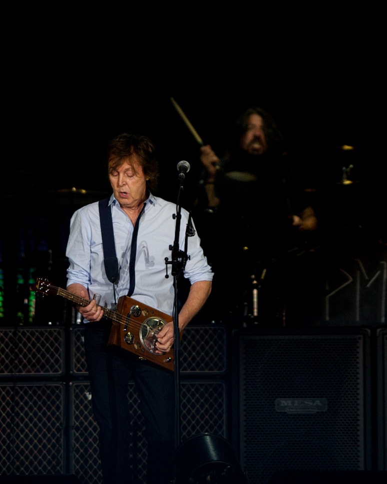 Paul McCartney is joined by Dave Grohl as he performs "Cut Me Some Slack" at Safeco Field in Seattle during his "Out There"  2013 tour of North America. Photo by John Lill